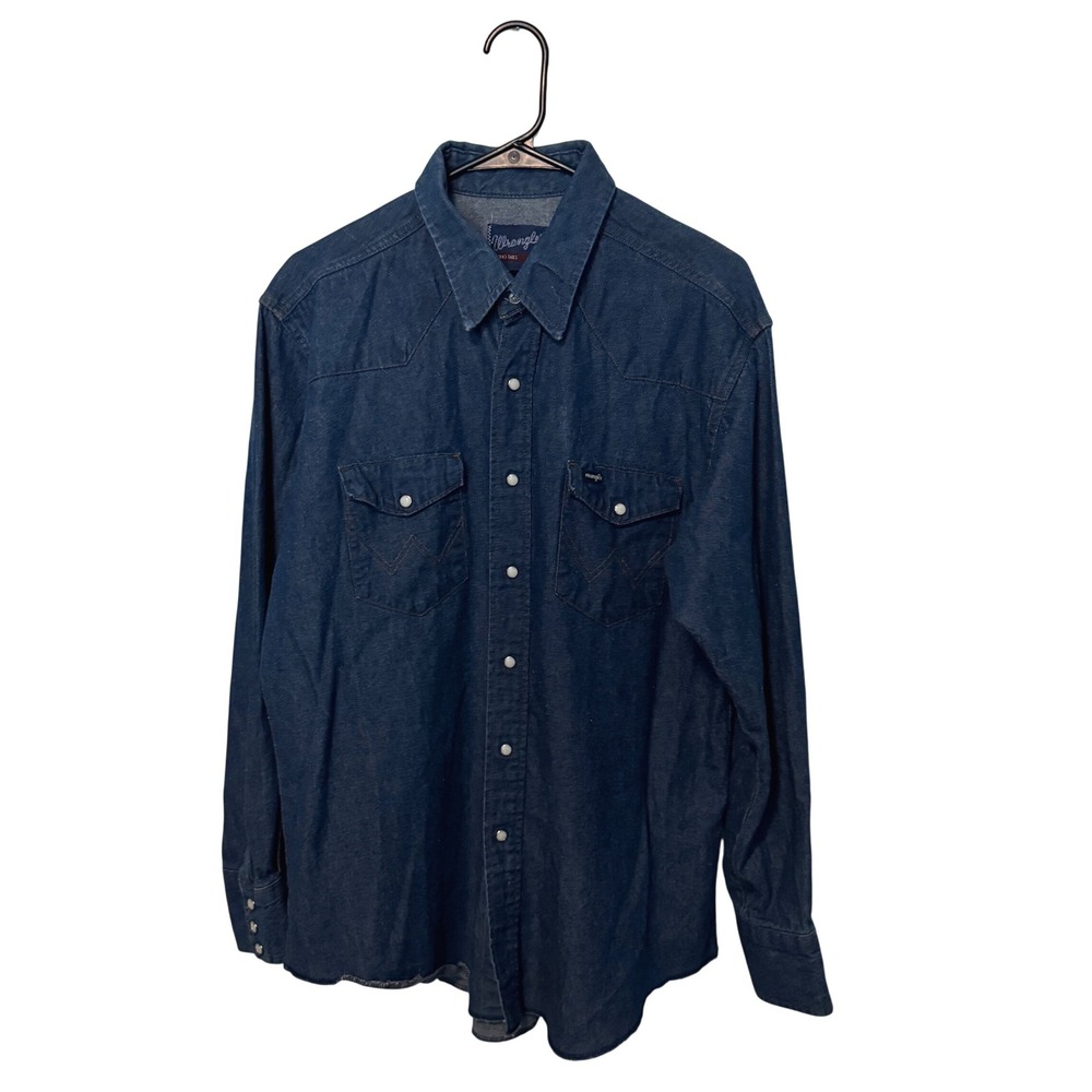 Wrangler Western Pearl Snap Shirt Mens 17 1/2 XL Blue Denim X Long Tails USA VTG
